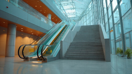 Modern atrium with escalator and stairs federal หhutdown light filled architecture