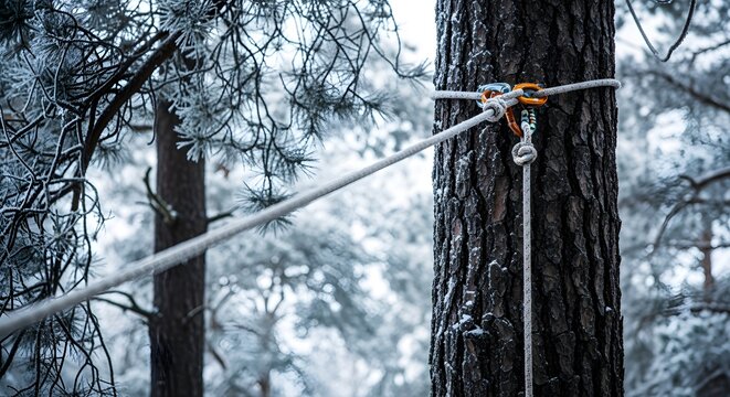 Climbing rope anchored to a frost-covered tree trunk with carabiners and knots in a serene winter forest