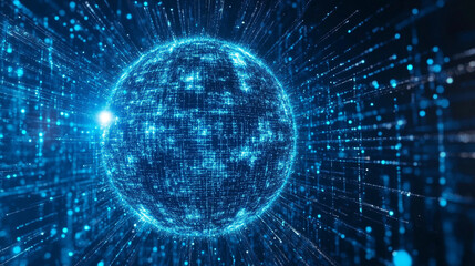 Streams of digital data forming a floating sphere, symbolizing technology, connectivity, information flow, digital networks, and futuristic abstract innovation.
