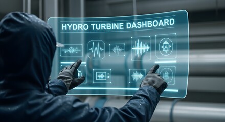 Engineer Interacting with Hydro Turbine Dashboard on Transparent Screen