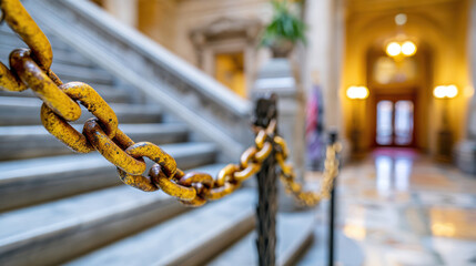 Rusty chain barrier federal หhutdown small staircase interior warm lighting