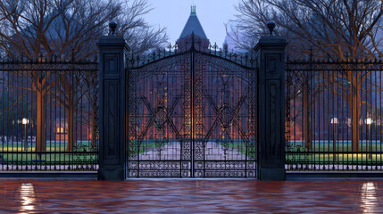 Ornate iron gate at dusk framing historic campus lawn federal mood หhutdown