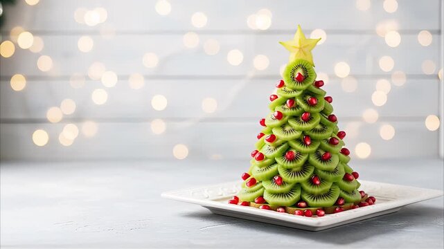 Healthy Fruit Christmas Tree Dessert with Bokeh Lights