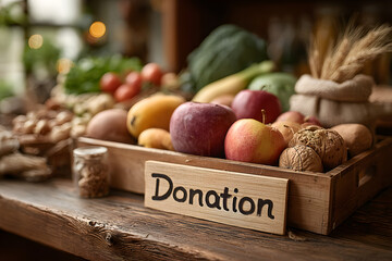 Food donations on the table. Text Donation. Close up