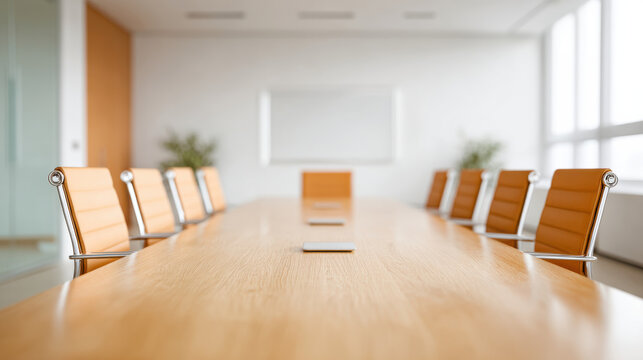 Modern conference room with long wooden table and orange leather chair creating calm federal หhutdown mood