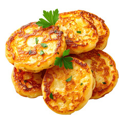 Homemade mini latkes, a traditional potato dish, presented without a plate for a minimalist look, isolated on white background