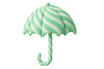 Candy umbrella with green and white stripes providing a sweet and whimsical concept on transparent background
