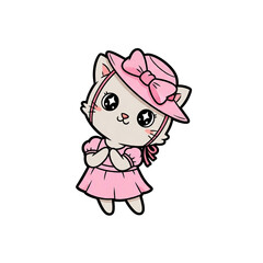 Fototapeta premium Cute pink cartoon animal vector illustration of a baby cat with a heart and bow design, perfect for a funny holiday drawing or art card