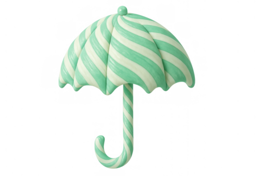 Candy umbrella with green and white stripes providing a sweet and whimsical concept on transparent background