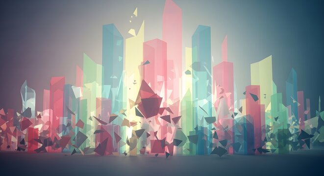 A vibrant abstract cityscape of translucent geometric buildings with shattered fragments creating a dynamic, modern, and colorful digital art background