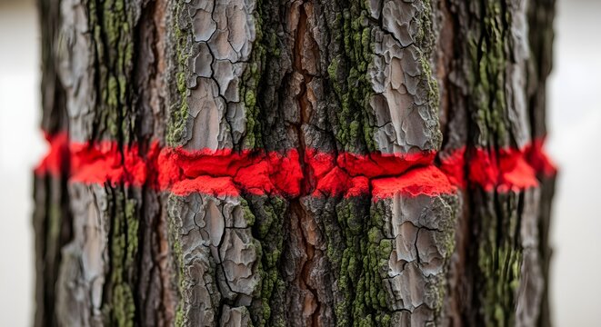 A vibrant red line painted around a textured tree trunk, marking it for forestry purposes