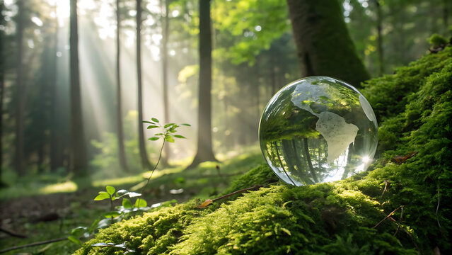 A crystal globe rests on moss in a sunlit forest, symbolizing environmental awareness and the delicate balance of nature with light filtering through trees