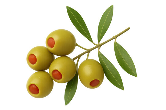Green olives with pimento filling on a branch, mediterranean healthy snack food ingredient with transparent background