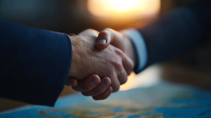 Two people in business attire shake hands over a table, symbolizing agreement, partnership, or a successful deal in a professional setting with warm lighting