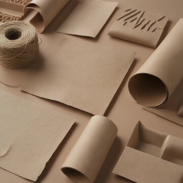 Variety of natural brown recycled paper and cardboard materials including sheets, tubes, and twine, representing eco-friendly packaging and sustainable crafting concepts