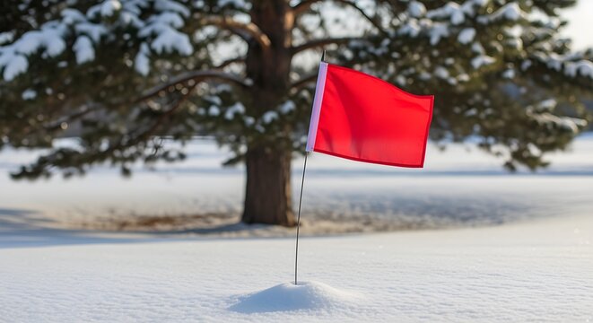 A vibrant red flag stands in fresh snow with a blurred evergreen tree in the background, capturing a serene winter scene - Powered by Adobe
