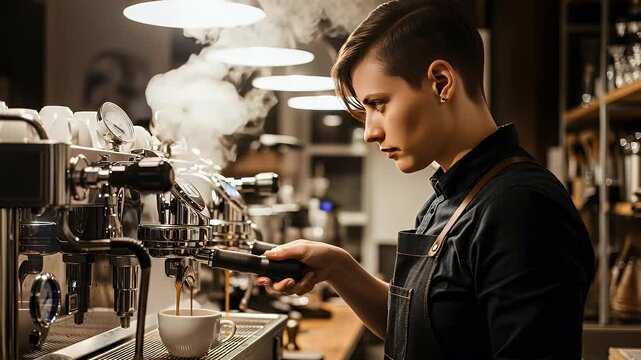 Barista brewing coffee drink steam machine indoor