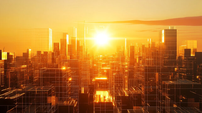 Digital sunrise illuminating futuristic geometric city abstract architecture glowing horizon modern urban skyline concept digital light and geometry futuristic cityscape illustration