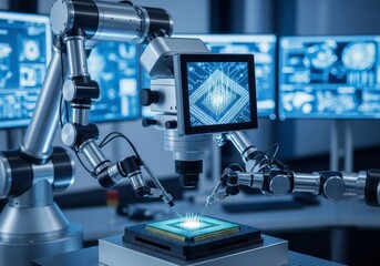 Robot using digital microscope to examine microchip circuits, research innovation theme,
