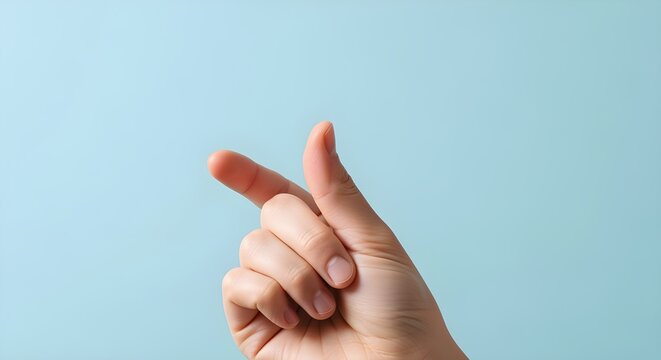 A person's hand snaps their fingers or makes a gesture on a light blue background, conveying a sense of idea or action