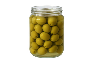Green olives densely packed in a clear glass jar filled with liquid brine, ready for serving or cooking, transparent background