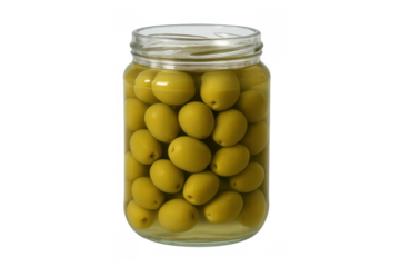 Green olives densely packed in a clear glass jar filled with liquid brine, ready for serving or cooking, transparent background