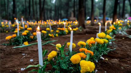 Rows of yellow and orange marigold flowers with lit white candles placed in a forested cemetery, creating a serene and respectful atmosphere for remembrance