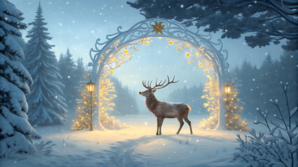 A majestic deer stands beneath a snowcovered archway adorned with twinkling lights, creating a magical winter scene in a serene forest landscape
