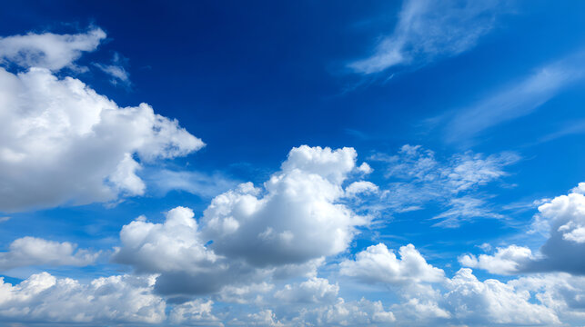 Bright blue sky filled with fluffy white clouds scattered across, creating a serene and picturesque atmosphere on a clear day