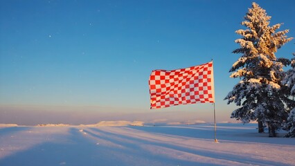 A red and white checkered flag waves in a serene snowy winter landscape with frost-covered pine trees under a bright blue sky
