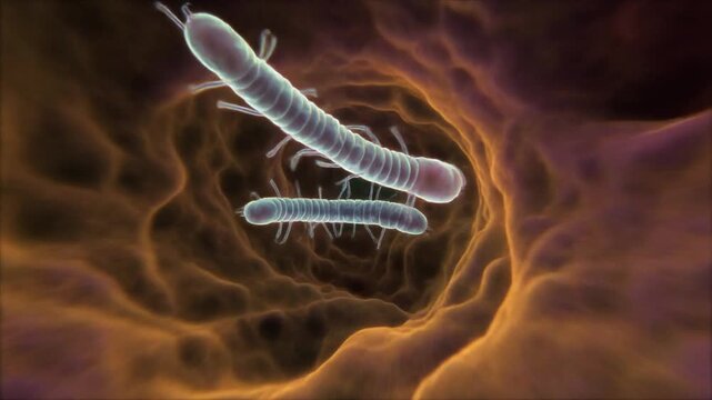Scientific visualization of microorganisms separating into distinct units, representing cellular fragmentation or apoptotic bodies within a vessel