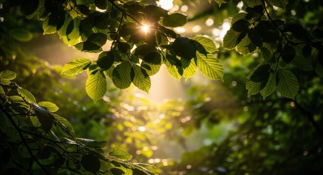 Sunlight filtering through lush green leaves creating a serene natural ambiance