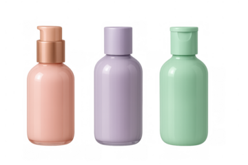 Pastel cosmetic pump, flip-top, and screw cap bottles. Skincare mockup packaging with transparent background