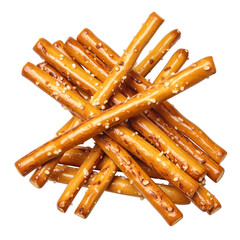Crunchy salty pretzel sticks isolated on white background, a classic snack or appetizer perfect for serving with beer and various dips