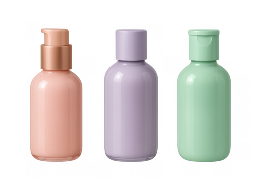 Pastel cosmetic pump, flip-top, and screw cap bottles. Skincare mockup packaging with transparent background