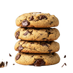 Stack Of Four Chocolate Chip Cookies With Sea Salt Sprinkled On Top Isolated On A Black Background With A Few Crumbs Scattered Around