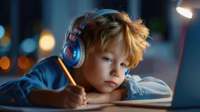 Young person using laptop headphones writing indoors night