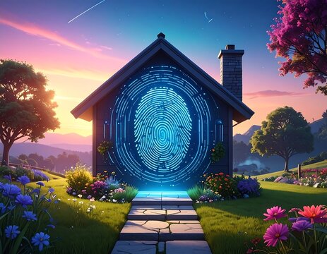 A house with a digital fingerprint at sunset