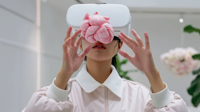 A student in a minimalist, white room is wearing a advanced VR headset.