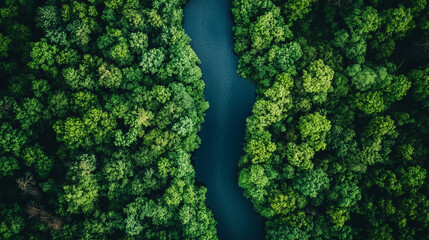 Aerial drone view of lush green forest contrasted with a winding river, highlighting natural beauty, tranquility, harmony, and the vibrant interplay of land and water.
