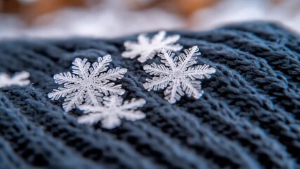 Macro view intricate snowflakes resting on dark knitted fabric winter season cold weather detail - Powered by Adobe