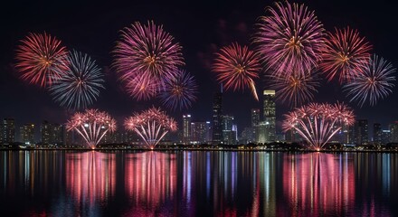 Colorful Fireworks Display Over City Skyline at Night