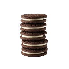 Stack of Six Dark Chocolate Sandwich Cookies With Creamy White Filling Isolated On Black Background Studio Shot