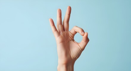 A human hand forms the universally recognized OK gesture against a clean light blue background, symbolizing approval, success, and excellence
