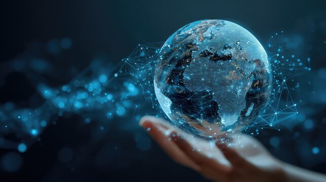 Global Network: A digital globe, interconnected by a network of glowing lines, symbolizes global communication, technology, and the seamless exchange of information. 