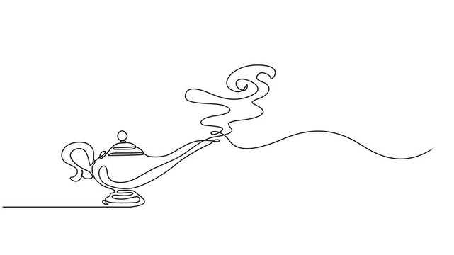 magic lamp continuous one line drawing animation, Continuous line design of aladdin magic teapot. Decorative elements drawn on a white background, gin lamp one line vector design flat vector icon