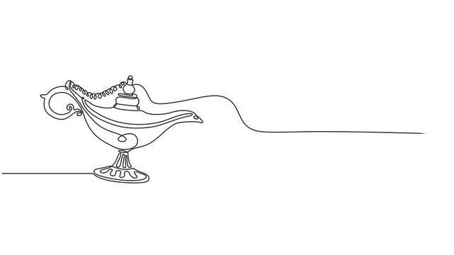 magic lamp continuous one line drawing animation, Continuous line design of aladdin magic teapot. Decorative elements drawn on a white background, gin lamp one line vector design flat vector icon