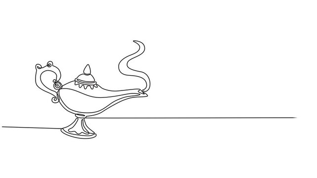 magic lamp continuous one line drawing animation, Continuous line design of aladdin magic teapot. Decorative elements drawn on a white background, gin lamp one line vector design flat vector icon