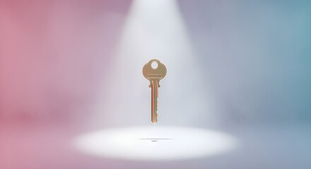 A golden key hovers in a bright spotlight against a soft pink and blue gradient background, symbolizing discovery and opportunity