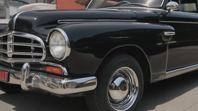 Classic Black Vintage Car Front Detail Shot.
